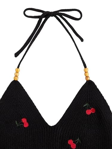 Verdusa Women's Y2k Halter Tops Gothic Clothes Summer Going Out Tops Crochet Cami Tie Boho Cowgirl Outfits - Medium - Cherry Black thumbnail 4