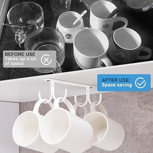 FOMANSH Mug Rack Under Cabinet - Coffee Cup Holder, 12 Mugs Hooks Under Shelf, Display Hanging Cups Drying Hook for Bar Kitchen Utensils White thumbnail 3
