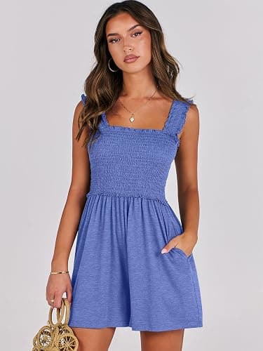 Caracilia Women's Summer Casual Smocked Rompers Square Neck Sleeveless Loose Shorts Jumpsuit 2025 Beach Vacation Outfits - Blue - Large thumbnail 2