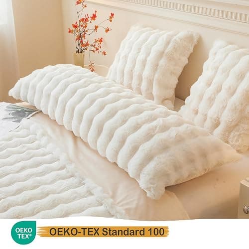 LIFEREVO Fluffy Faux Rabbit Fur Body Pillow Cover, Luxury Ivory Bubble Shaggy Plush Bed Body Pillowcase with Zipper Closure, Long 20"x54" Fuzzy Furry Pillow Case for Adults Kids Girls Teens, Beige thumbnail 3