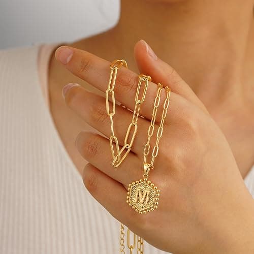 M MOOHAM Dainty Initial Necklaces for Women, 14K-Gold-Plated Layering Necklace for Women Cute Hexagon Letter Initial Necklace Layered Necklaces for Teenage Teen Girls Christmas Gifts Stocking Stuffers thumbnail 8