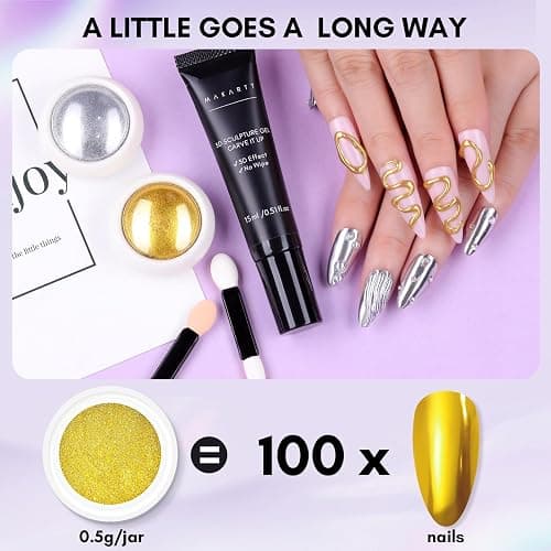 Makartt 3D Nail Gel and Chrome Nail Powder Kit, Sculpting Gel for Nail Art, 15g DIY Craving Gel, No wipe 3D Molding Gel and Metallic Chrome Powder Set for Nails Decoration Manicure Pedicure Use - clear & chrome thumbnail 9