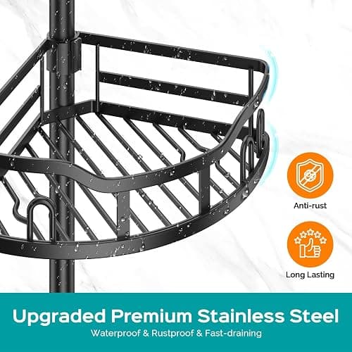 HAMITOR Corner Shower Caddy Tension Pole: High Capacity 4-Tier Rustproof Bathroom Organizer Shelves for Small Bathrooms - 47-121 inch Adjustable Floor Standing Bath Rack Holder - Black thumbnail 4