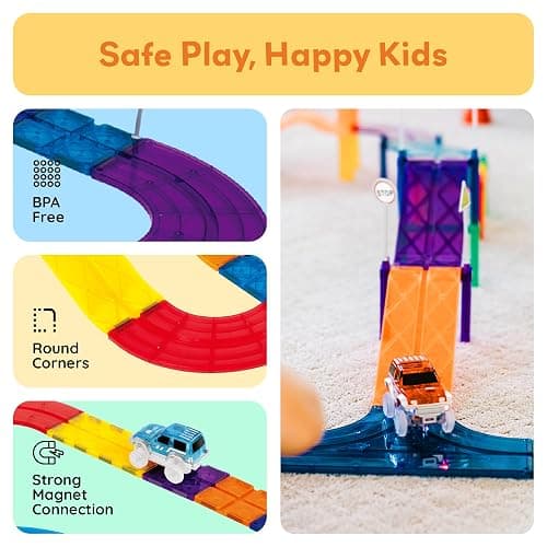 PicassoTiles Magnetic Tiles Race Track Car Thrilling Toy Playset Includes 2 Racing Trucks STEM Educational Magnet Tile Building Block Construction Set for Toddlers Boys Girls Ages 3 and Older PTR30 thumbnail 4