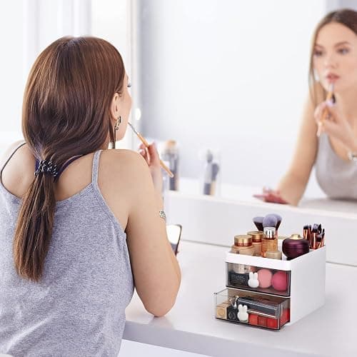 LETURE Small Desk Organizer With Drawer, Office Desktop Storage Box, Business Card/Pen/Pencil/Mobile Phone/Stationery Holder Storage Box, Makeup Organizer for Office School Home (White) thumbnail 5