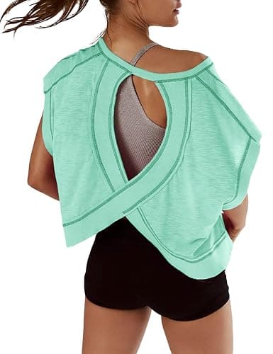 Kumufenc Women Short Sleeve Workout Shirts Open Back Tops Casual Yoga Y2k Athletic Gym Slouchy Crop Running Tees - Image 1