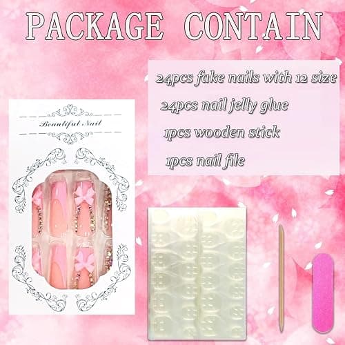 FIEONCIY Press on Nails Long Coffin Shaped Acrylic Glossy Full Cover Long Square French False Nails with Designs Artificial Extra Long Fake Nails with Charms Glue ons Fingernails for Women(XG10187) thumbnail 4