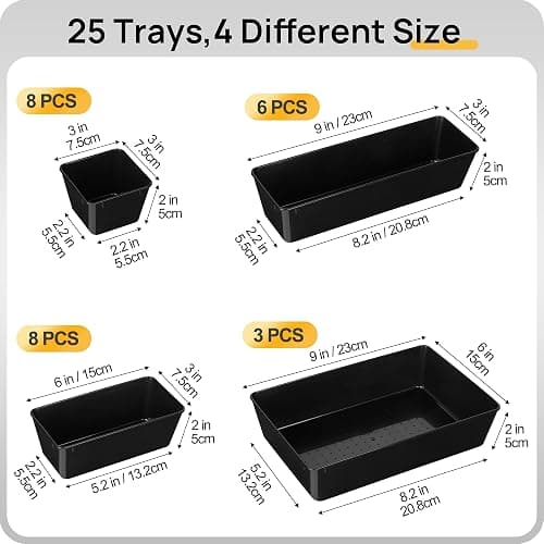 Vtopmart 25 PCS Office Desk Drawer Organizers Set, 4-Size Versatile Plastic Drawer Organizer Trays, Storage Bins for Desk Accessories Office Organizers and Storage, Bathroom, Makeup, Vanity, Black - Black thumbnail 7