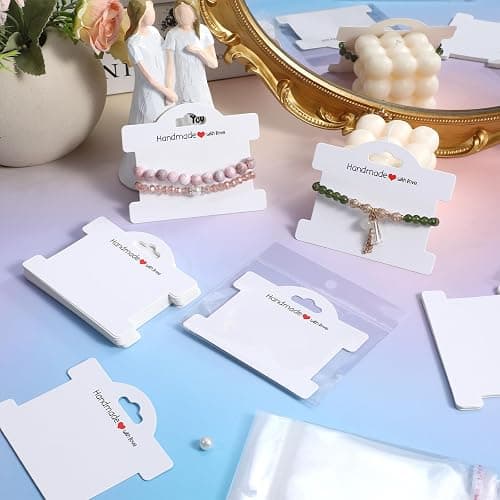 Piriuuo 50 Pcs Bracelet Display Cards with Clear Bags, Bracelet Packaging for Small Business Jewelry Display Card Handmade with Love Jewelry Tags for Selling Hair Ties, Bracelets, Necklace (White) thumbnail 6