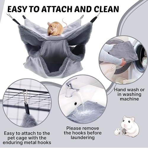 LYART Sugar Glider Pouch Hammock Bed Bedding, Sugar Glider Cage Accessories Toys for Rat, 3-Layer Hammock Make Pet Cages More Three-Dimensional (1.Grey) thumbnail 5