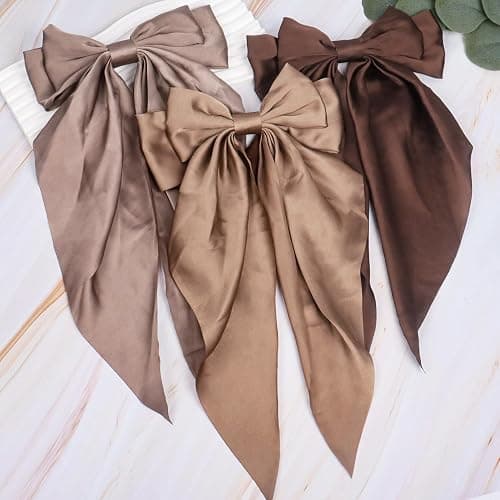6 Pack Large Bows for Women - Big Solid Color French Hair Bow Clips with Long Tail Barrettes thumbnail 4