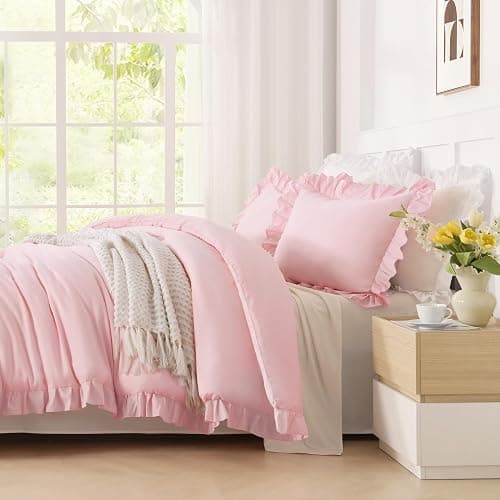 Andency Pink Comforter Set Full, 3 Pieces Lightweight Soft Rustic Pink Ruffle Comforter Women Girls, Solid Farmhouse Shabby Chic Microfiber Bedding Comforter Set thumbnail 6