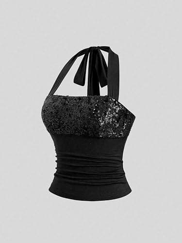 Verdusa Women's Sequin Sparkly Crop Tops Tie Backless Halter Top Rave Outfits thumbnail 6