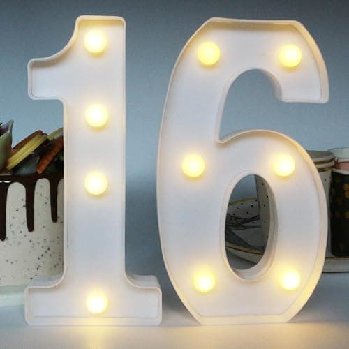 H: 7.88 Inches Light Up Numbers 16 Sign for Party Decor, Happy 16th Birthday Decorations for Boys, Sweet 16 Party Centerpieces Table Decorations for Girls - Image 1