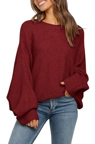 Mafulus Women's Oversized Crewneck Sweater Batwing Puff Long Sleeve Cable Slouchy Pullover Jumper Tops - Image 1