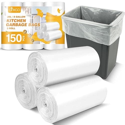150 Count Garbage Bags 30 Litres/8 Gallon Kitchen Trash Bags Medium Unscented White Garbage Can Liners - Image 1