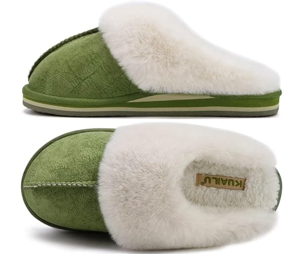 KuaiLu Womens Fluff Plush Slippers Ladies Cosy Memory Foam Warm Winter Mule Slippers Slip on Comfy Arch Support House Shoes with Non-Slip Indoor Outdoor Hard Sole - Image 1
