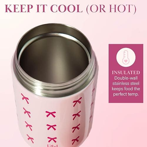 Paris Hilton Stainless Steel Food Jar, Double Wall Vacuum Sealed Insulated Food Storage Container with Carry Handle Lid, 16-Ounce, Pink with Bow Design thumbnail 4