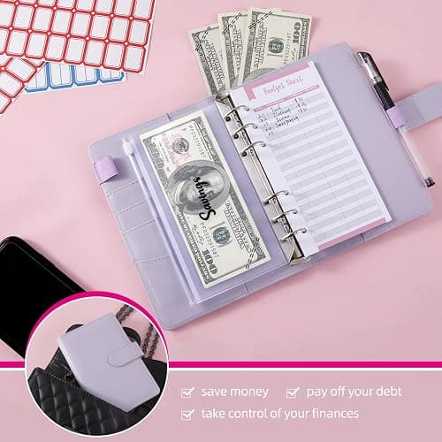 NICOOTHBudget Binder Cash Envelopes A6 Money Saving Binder with Zipper envelopes (Purple) thumbnail 7