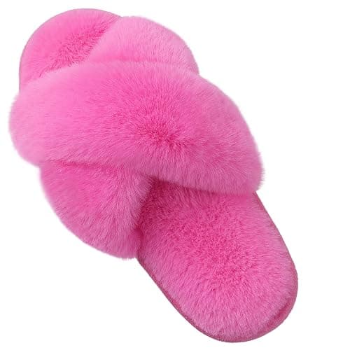 Evshine Women's Fuzzy Slippers Cross Band Memory Foam House Slippers Open Toe - Image 1