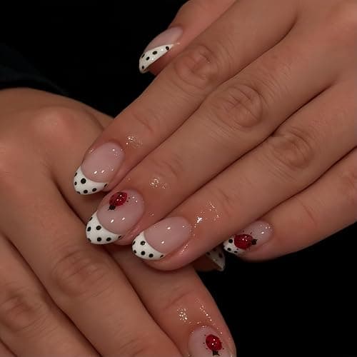 24 Pcs Polka Dot French Tip Press on Nails Short Oval Fake Nails 3D Red Ladybug Designs Stick On Nails Kit Black Polka Dot Acrylic False Nails Press ons Ladybug Full Cover Artificial Nails for Women thumbnail 2