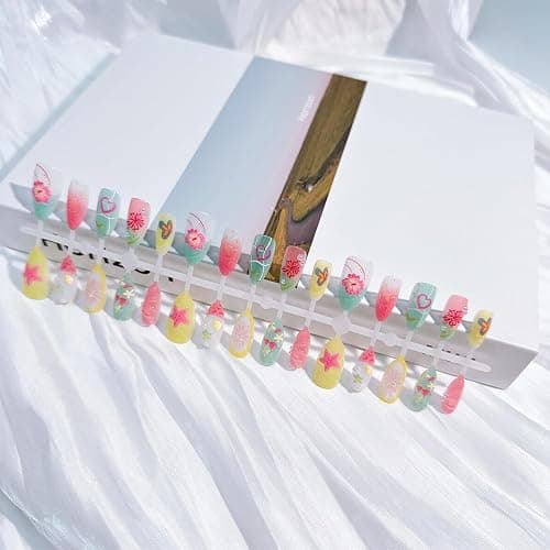 30pcs Summer Press on Nails Medium Almond Fake Nails with 3D Flower Starfish Designs Summer Beach False Nails Pearl Glue on Nails Handmade Full Cover Acrylic Nails Stick on Nails for Women thumbnail 4