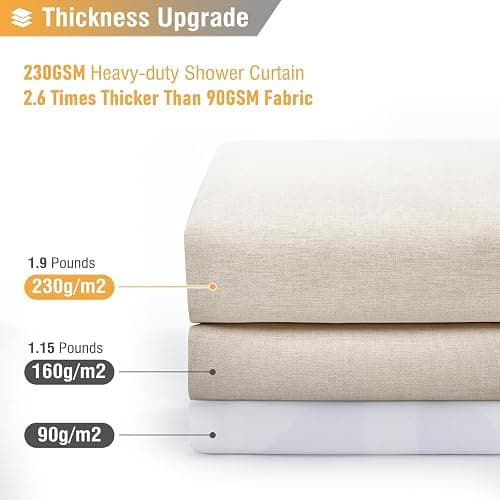 BTTN Beige Linen Textured Waterproof Cloth Shower Curtain Set, 72x72, Cream | 230GSM Polyester, Heavy Duty Fabric, Weighted Hem, 12 Plastic Hooks, Modern Hotel Style, Machine Washable, Bathroom Decor thumbnail 4