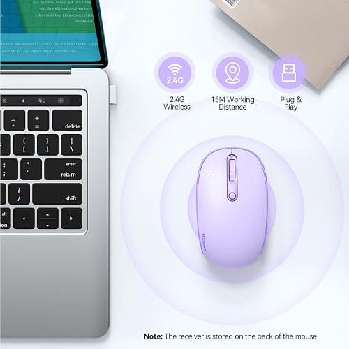 TECKNET Wireless Mouse, 2.4G Quiet Computer Mouse with USB Receiver, 4 Buttons Portable Cordless Mice for Chromebook, Laptop, PC, Mac, 800/1200/1600 DPI - Purple thumbnail 2