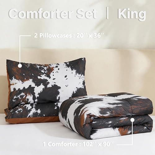 PERFEMET Black King Size Comforter Set 3 Pieces Cow Print Bedding Set Western Farmhouse Rustic Bed Comforter Animal Cowhide Quilt Set for Bedroom Decoration thumbnail 8