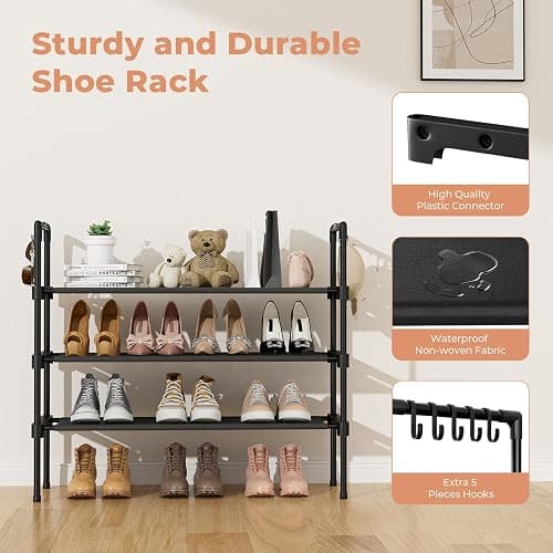 LANTEFUL 3 Tier Shoe Rack for Closet, Shoe Organizer with 5 Hooks, Long Shoe Shelf Storage for Sneaker and Boot Stackable Free Standing Shoe Rack for Entryway, Garage, Small Spaces, Dorm thumbnail 4