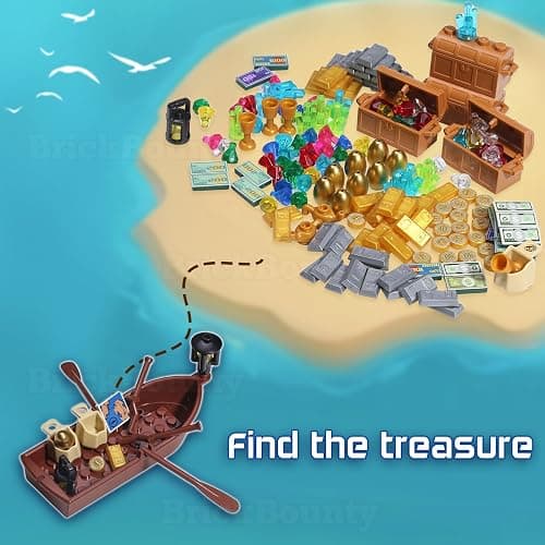 BrickBounty 220 Pcs Pirate Treasure Money Parts Building Blocks, Expedition Wooden Boats Treasure-Maps, Cash Chests with Gold Nuggets, Pretend Play Dollar for Friends City Farm Series Bricks thumbnail 6