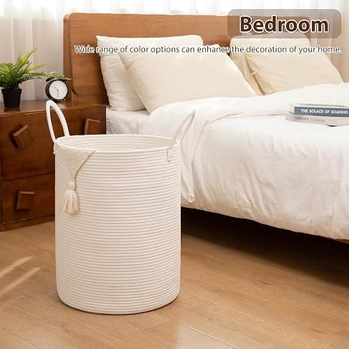 OIAHOMY Large Laundry Basket Hamper - 60L Cotton Rope Woven Basket for Blankets, Toys, Clothes - Tall Decorative Nursery Hamper with Long Handles, White thumbnail 5