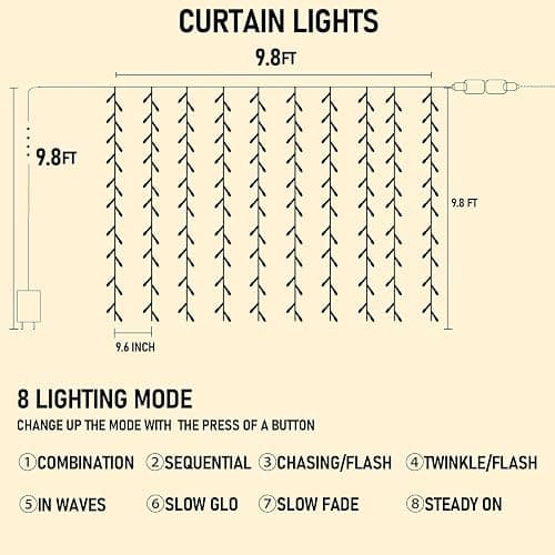 Dazzle Bright 300 LED Curtain String Lights, Christmas Fairy Lights for Bedroom with 8 Lighting Modes, Connectable Waterproof Window Lights Party Wedding Garden Wall Decor, White thumbnail 3