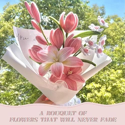 AKINSTER 500 Stück Pfeifenputzer zum Basteln Pfeifenreiniger Blumen Set Pipe Cleaner Flower Set Pfeifenreiniger Rosa mit Blumen Staubblatt Bänder Klebeband Geschenkbox für Basteln & DIY (Rosa) thumbnail 7