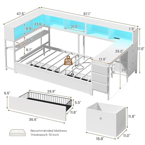 Hasuit Twin Corner Bed with Desk and Storage Bookcase, Daybed with 2 Drawers & 2 Storage Bins, Twin Size Platform Bed Frame with Charging Station and LED Light, Modern Teenagers Bedframe, White thumbnail 2