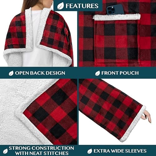PAVILIA Wearable Blanket with Sleeves and Pocket for Women Men, Sherpa Trim | 250 GSM (Fleece) / 430 GSM (Sherpa Lining), Warm Soft Plush Snuggle Pocket Sleeved TV Throw Wrap, Cozy Gift Ideas Mom Wife thumbnail 3
