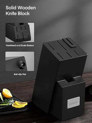 D.Perlla Knife Set, 7 Pieces Kitchen Knife Set with Self Sharpening Wooden Block, German Stainless Steel Knife Block Set with Triple Riveted Ergonomic Handle, Black thumbnail 8