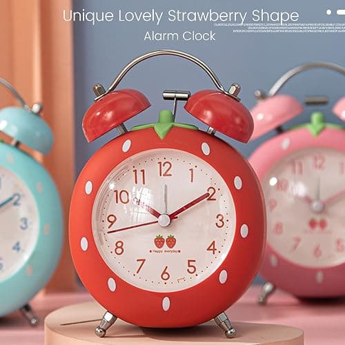 N0 Strawberry Alarm Clock for Kids, Cute Alarm Clock for Heavy Sleepers with Backlight,Loud Twin Bell Alarm Clock for Bedroom Decoration (Pink) thumbnail 3