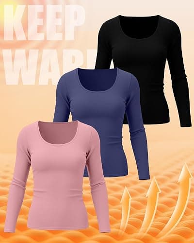 Ficerd 3 Pack Women's Plus Size Thermal Shirts Fleece Lined Scoop Neck Long Sleeve Tops Fitted Winter Base Layer Underwear thumbnail 3
