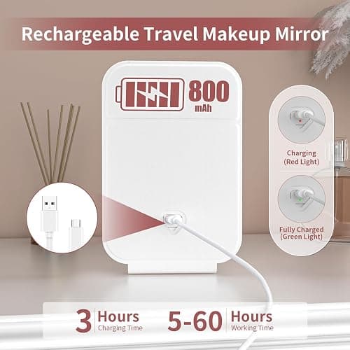 Kintion Travel Makeup Mirror, 6.3"*4.25"Rechargeable Portable LED Lighted Makeup Mirror, 3 Colors Touch Dimmable Tabletop Makeup Mirror, for Outdoor Travel, Women Gift, White thumbnail 5