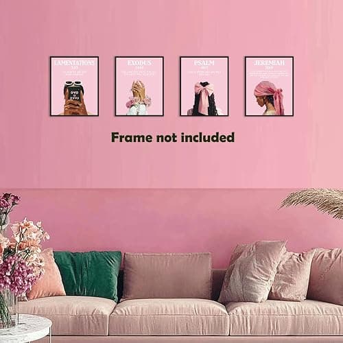 Pleonox Pink Christian Black Women Wall Art Prints 8x10 Inch Set of 4, Trendy Preppy African American Woman Bible Verse Pictures Wall Decor for Black Girl Room Bedroom Home Living Room, Unframed thumbnail 3