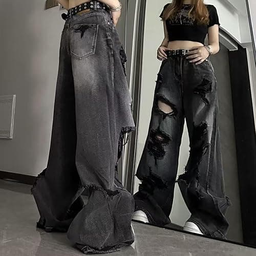 Y2K Ripped Grunge Baggy Jeans Pants Emo Women Goth Straight Leg Pants High Waist Alt 2000s Trousers Clothes thumbnail 3