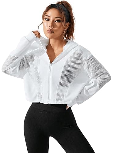 SweatyRocks Women's Zip Up Drawstring Hem Cropped Hoodie Mesh Workout Sports Track Lightweight Jacket thumbnail 6