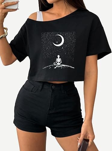 Remidoo Womens Off The Shoulder T Shirt Short Sleeve Crop Top Loose Tee Distressed Ripped Shirts thumbnail 2