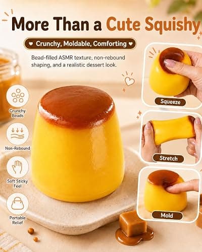 Caramel Pudding Squishy, Crunchy Stress Ball Food Toy Bead Filled Caramel Squeeze Moldable Slushy ASMR Realistic Handmade Non Rebound Sticky Silicone Dessert Party Favor(1pc) thumbnail 4