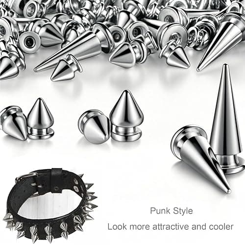 354 Pieces Punk Spikes and Studs Kit - 8 Sizes Cone Spikes, Metal Tree Spikes Studs for Leathercraft, Punk Clothing DIY Accessories (Silver) thumbnail 3