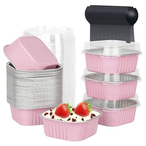 LNYZQUS 10oz Mini Cake Pans With Lids 40 Pack, Aluminum Foil Square Brownie Baking Cups,Disposable 4”x4” Large Cupcake Pan,Jumbo Muffin Tin Ramekins Holders-Pink - Image 1