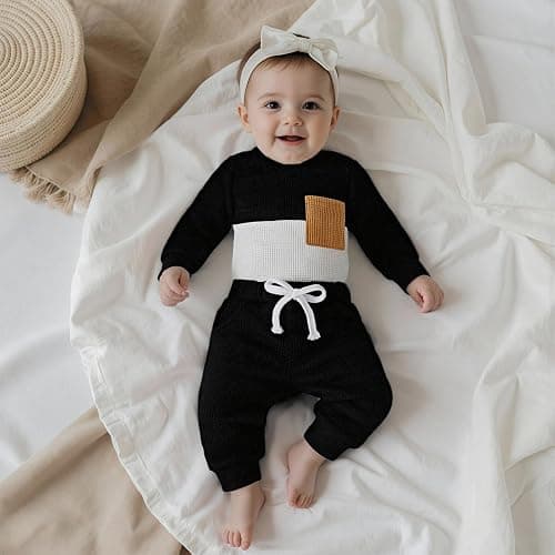 allshope Newborn Baby Boy Fall Outfit Romper Long Sleeve Solid Jumpsuit Bodysuit Elastic Waist Pants Infant Waffle Clothes thumbnail 6