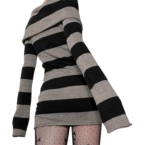 BHMAWSRT Women Off The Shoulder Sweater Dress Stretch y2k Striped Longsleeve Sweater Dress Winter Party Clubwear thumbnail 4