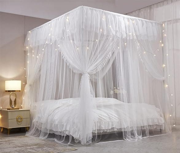 HUOQOU Baldaquin Princesse avec Volants Ciel de Lit Rectangulaire à 4 Ouvertures Moustiquaire Double Couche pour Chambre de Fille Décoration Romantique Doux et Respirant (Blanc,1,35W x 2l x 2,1H(m)) thumbnail 7